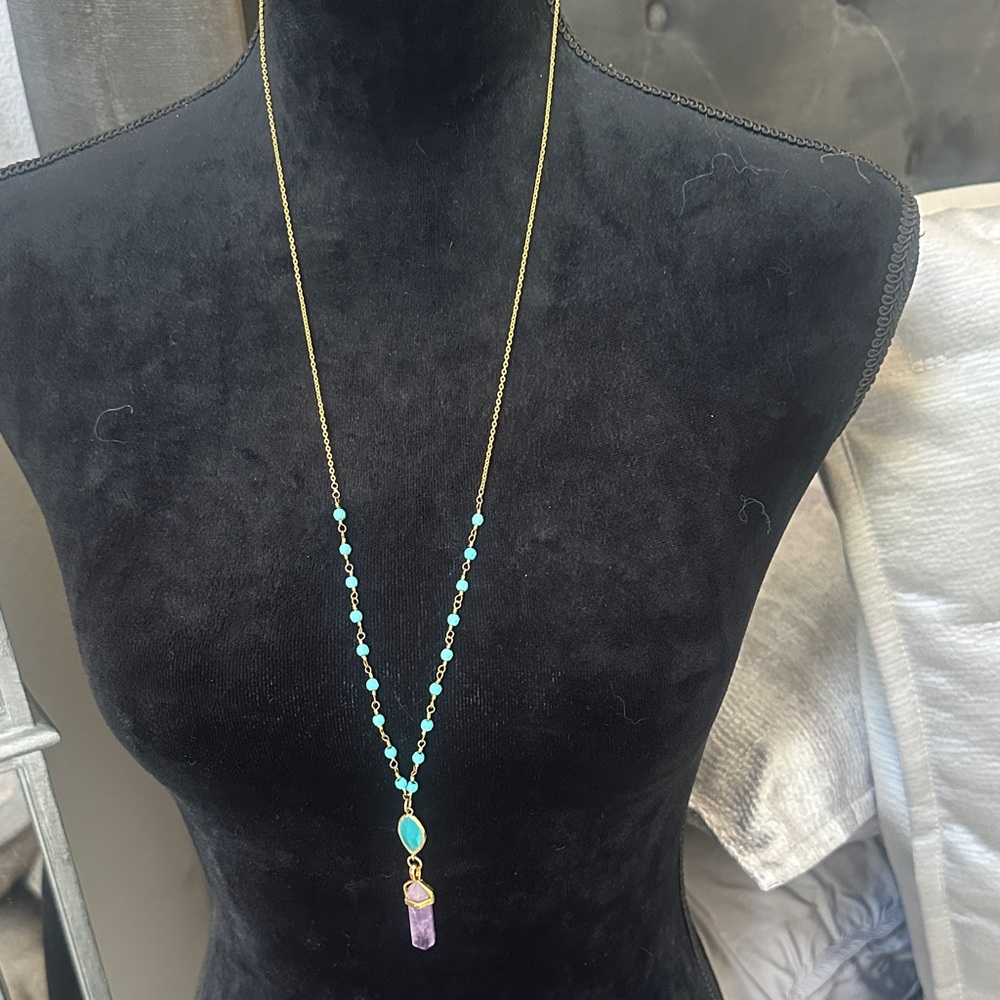 Elegant Gold Necklace with Turquoise and Amethyst